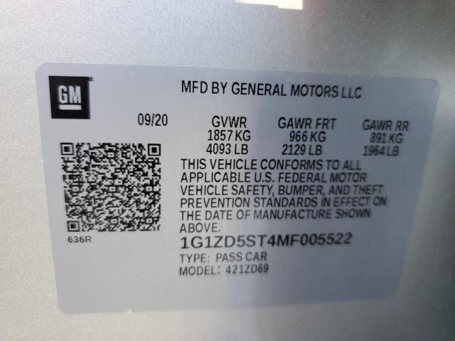 1G1ZD5ST4MF005522 - 2021 CHEVROLET MALIBU LT SILVER photo 12