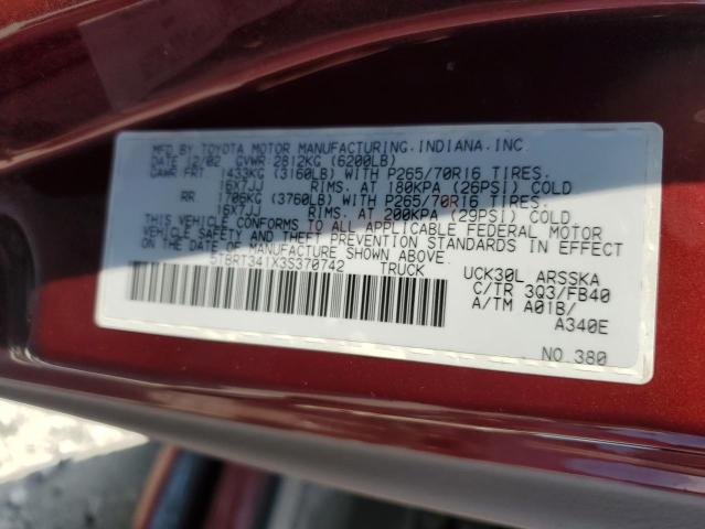 5TBRT341X3S370742 - 2003 TOYOTA TUNDRA ACCESS CAB SR5 BURGUNDY photo 12