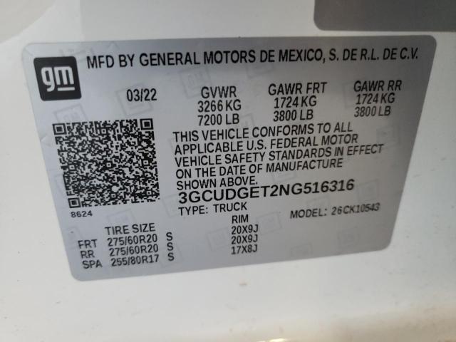 3GCUDGET2NG516316 - 2022 CHEVROLET SILVERADO K1500 LTZ WHITE photo 12