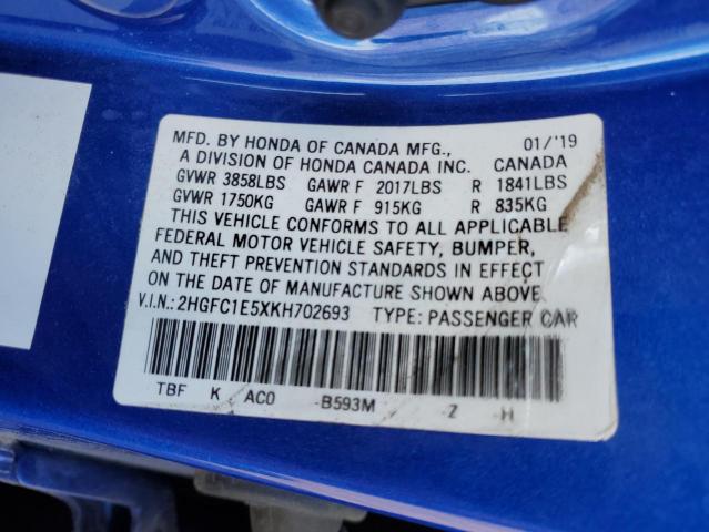 2HGFC1E5XKH702693 - 2019 HONDA CIVIC SI BLUE photo 12
