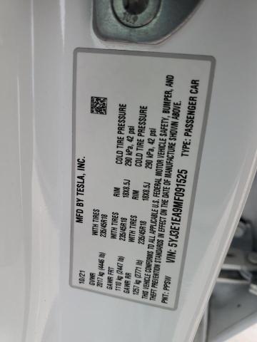 5YJ3E1EA9MF091525 - 2021 TESLA MODEL 3 WHITE photo 12