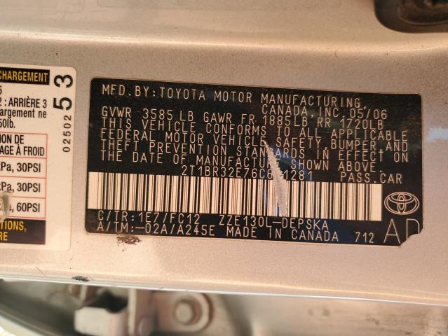 2T1BR32E76C681281 - 2006 TOYOTA COROLLA CE SILVER photo 12