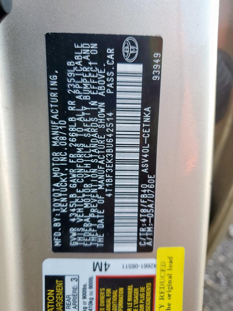 4T1BF3EK3BU642514 - 2011 TOYOTA CAMRY BASE TAN photo 12