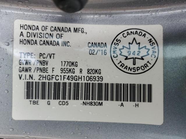 2HGFC1F49GH106939 - 2016 HONDA CIVIC EX SILVER photo 12