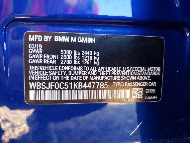 WBSJF0C51KB447785 - 2019 BMW M5 BLUE photo 13