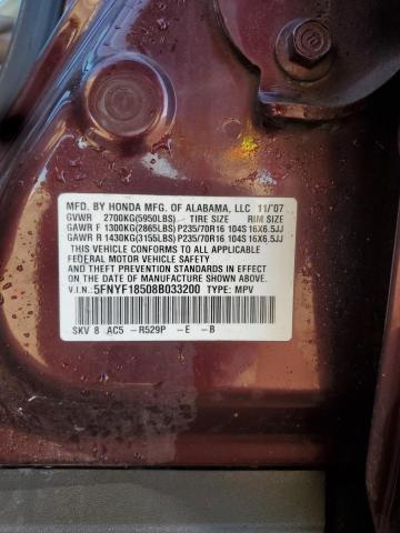 5FNYF18508B033200 - 2008 HONDA PILOT EXL BURGUNDY photo 12