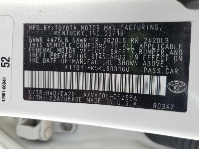 4T1B11HK5KU808160 - 2019 TOYOTA CAMRY L 白色 照片 12