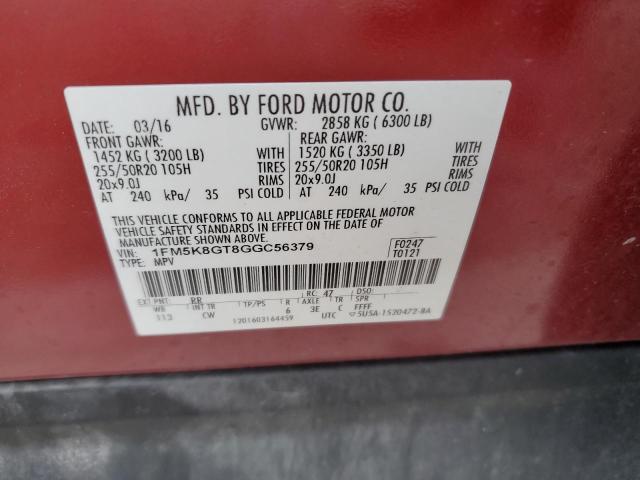 1FM5K8GT8GGC56379 - 2016 FORD EXPLORER SPORT RED photo 13