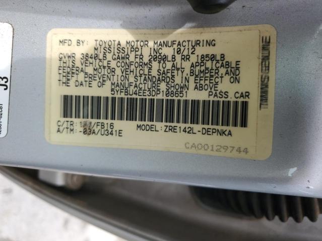 5YFBU4EE3DP108651 - 2013 TOYOTA COROLLA BASE Արծաթագույն լուսանկար 12