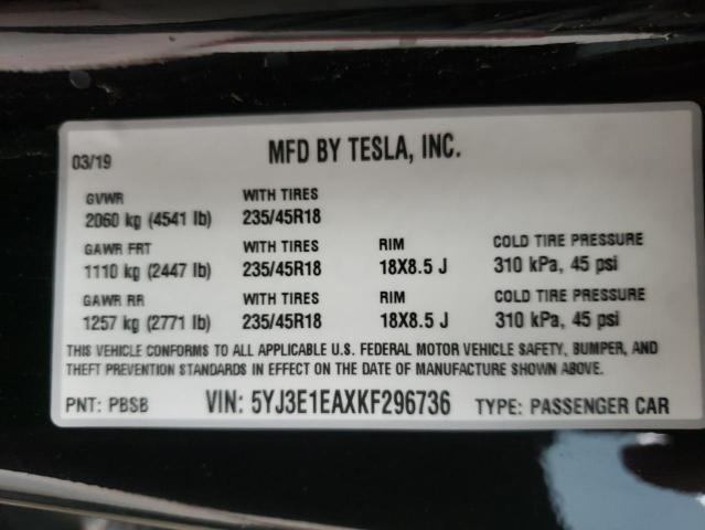 5YJ3E1EAXKF296736 - 2019 TESLA MODEL 3 BLACK photo 12