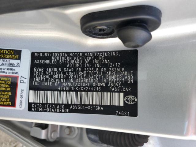 4T4BF1FK3CR274216 - 2012 TOYOTA CAMRY BASE SILVER photo 12