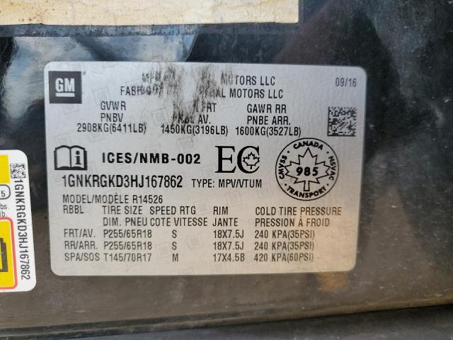 1GNKRGKD3HJ167862 - 2017 CHEVROLET TRAVERSE LT BLACK photo 13