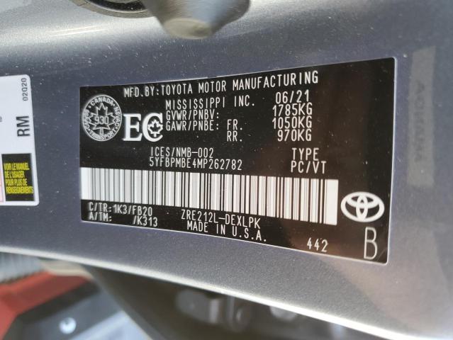 5YFBPMBE4MP262782 - 2021 TOYOTA COROLLA LE GRAY photo 13