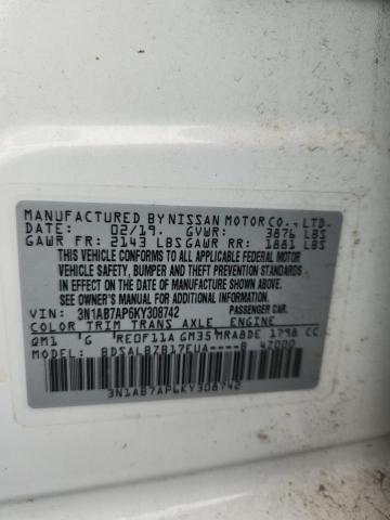3N1AB7AP6KY308742 - 2019 NISSAN SENTRA S WHITE photo 12