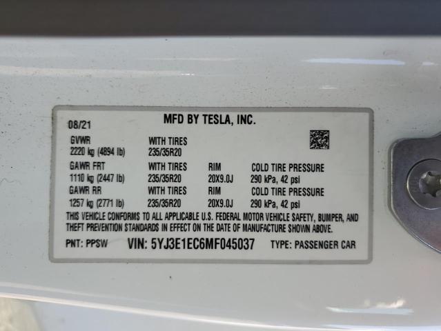 5YJ3E1EC6MF045037 - 2021 TESLA MODEL 3 WHITE photo 12
