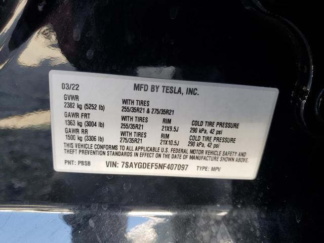 7SAYGDEF5NF407097 - 2022 TESLA MODEL Y BLACK photo 12