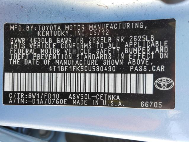 4T1BF1FK5CU580490 - 2012 TOYOTA CAMRY BASE BLUE photo 13