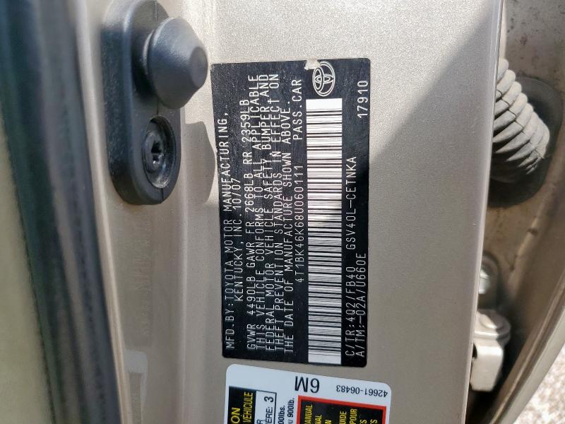 4T1BK46K68U060111 - 2008 TOYOTA CAMRY LE BEIGE photo 12
