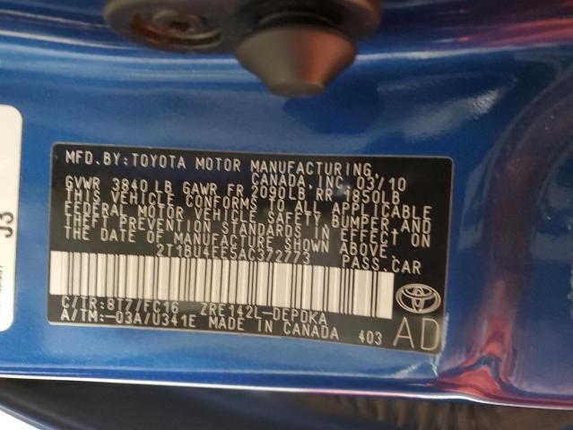 2T1BU4EE5AC372773 - 2010 TOYOTA COROLLA BASE Mavi foto 12