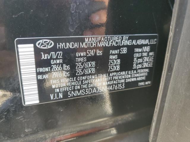 5NMS3DAJ5NH476153 - 2022 HYUNDAI SANTA FE SEL BLACK photo 12