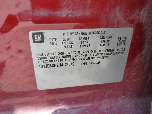 1G1JD5SH2H4124549 - 2017 CHEVROLET SONIC LT 栗色 照片 12