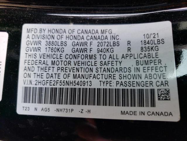 2HGFE2F55NH540913 - 2022 HONDA CIVIC SPORT 黑色 照片 12