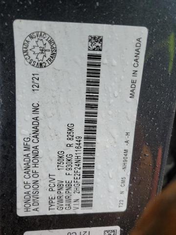 2HGFE2F24NH116449 - 2022 HONDA CIVIC LX GRAY photo 12