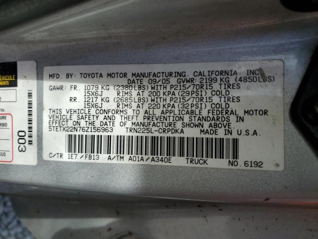 5TETX22N76Z156963 - 2006 TOYOTA TACOMA ACCESS CAB ვერცხლისფერი ფოტო 12