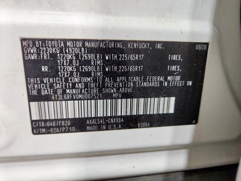 4T3L6RFV0MU007521 - 2021 TOYOTA RAV4 LE WHITE photo 14