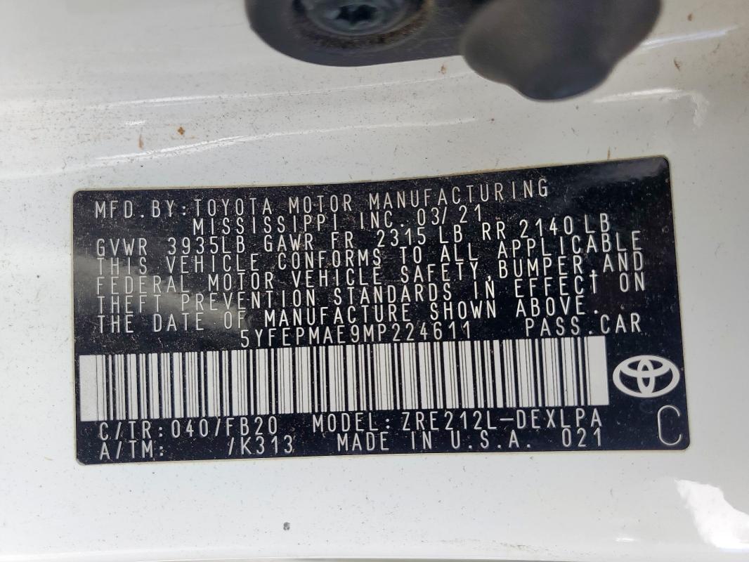 5YFEPMAE9MP224611 - 2021 TOYOTA COROLLA LE WHITE photo 13