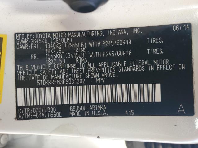 5TDKKRFH3ES031302 - 2014 TOYOTA HIGHLANDER XLE თეთრი ფოტო 12