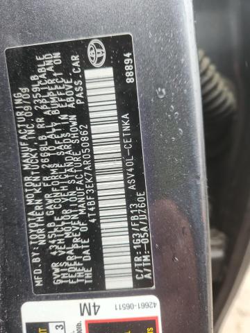 4T4BF3EK7AR050862 - 2010 TOYOTA CAMRY BASE 灰色 照片 12