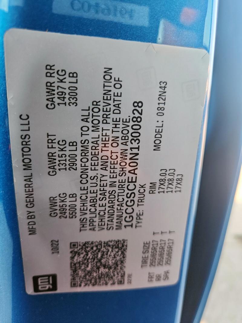 1GCGSCEA0N1300828 - 2022 CHEVROLET COLORADO LT BLUE photo 12