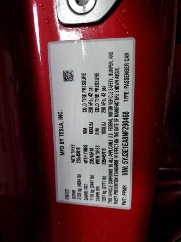 5YJ3E1EA8NF290468 - 2022 TESLA MODEL 3 红色 照片 13