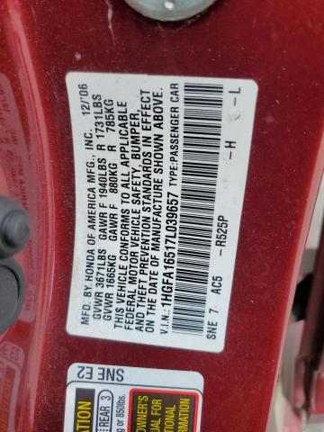 1HGFA16517L039657 - 2007 HONDA CIVIC LX أحمر صورة 13