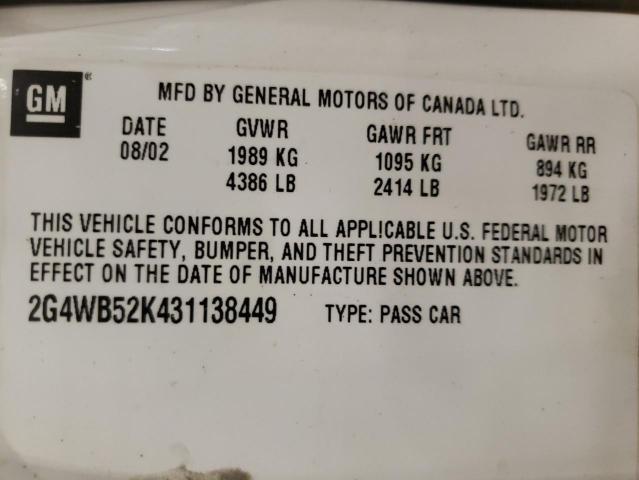 2G4WB52K431138449 - 2003 BUICK REGAL LS WHITE photo 12