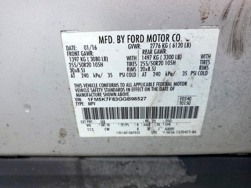 1FM5K7F83GGB98527 - 2016 FORD EXPLORER LIMITED ვერცხლისფერი ფოტო 13