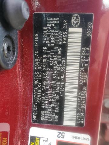 4T1B11HK6JU598294 - 2018 TOYOTA CAMRY L BURGUNDY photo 12