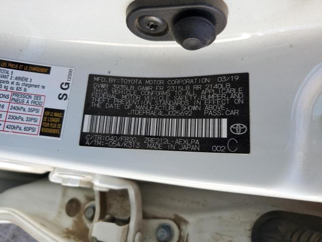 JTDEPRAE4LJ025692 - 2020 TOYOTA COROLLA LE თეთრი ფოტო 12