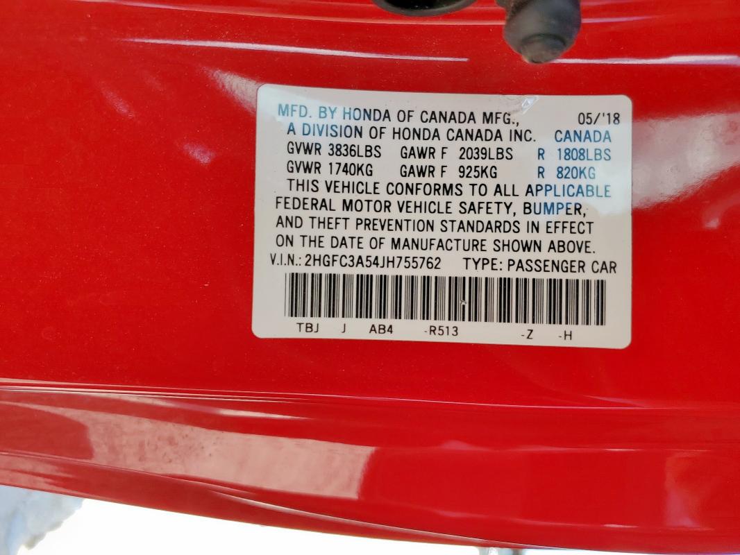 2HGFC3A54JH755762 - 2018 HONDA CIVIC SI RED photo 12