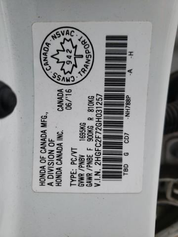 2HGFC2F72GH031257 - 2016 HONDA CIVIC EX WHITE photo 12