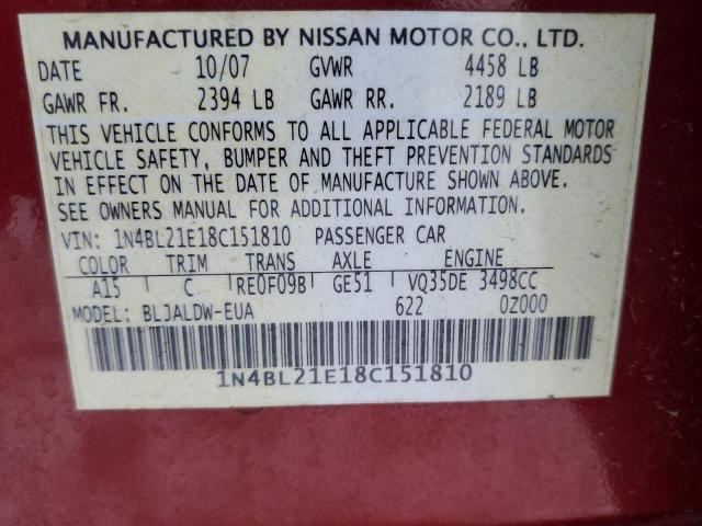 1N4BL21E18C151810 - 2008 NISSAN ALTIMA 3.5SE MAROON photo 12