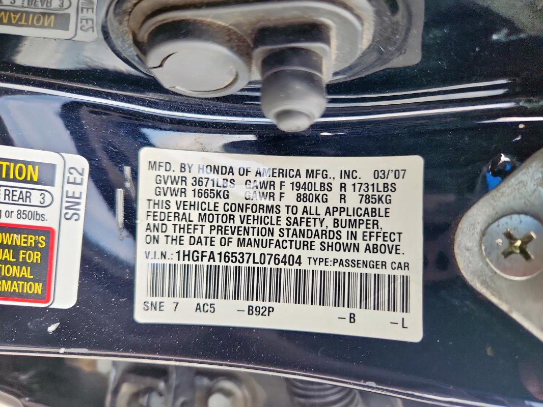 1HGFA16537L076404 - 2007 HONDA CIVIC LX Qara foto 12