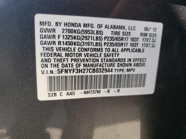 5FNYF3H27CB032944 - 2012 HONDA PILOT LX GRAY photo 10