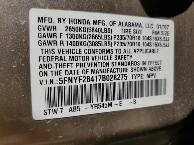 5FNYF28417B028275 - 2007 HONDA PILOT EX BROWN photo 13