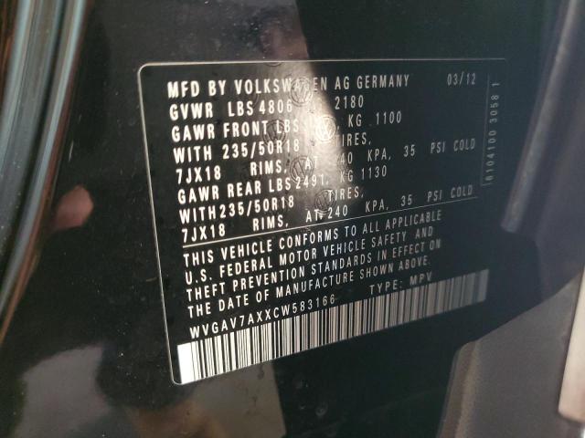 WVGAV7AXXCW583166 - 2012 VOLKSWAGEN TIGUAN S 黑色 照片 13