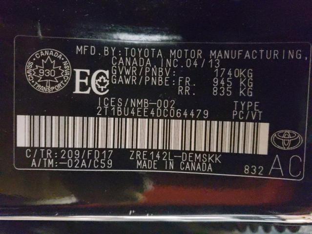 2T1BU4EE4DC064479 - 2013 TOYOTA COROLLA BASE BLACK photo 12