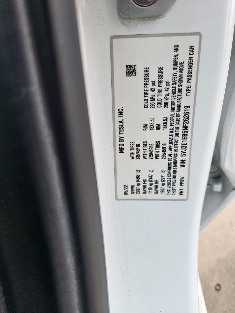 5YJ3E1EB5NF262619 - 2022 TESLA MODEL 3 WHITE photo 12