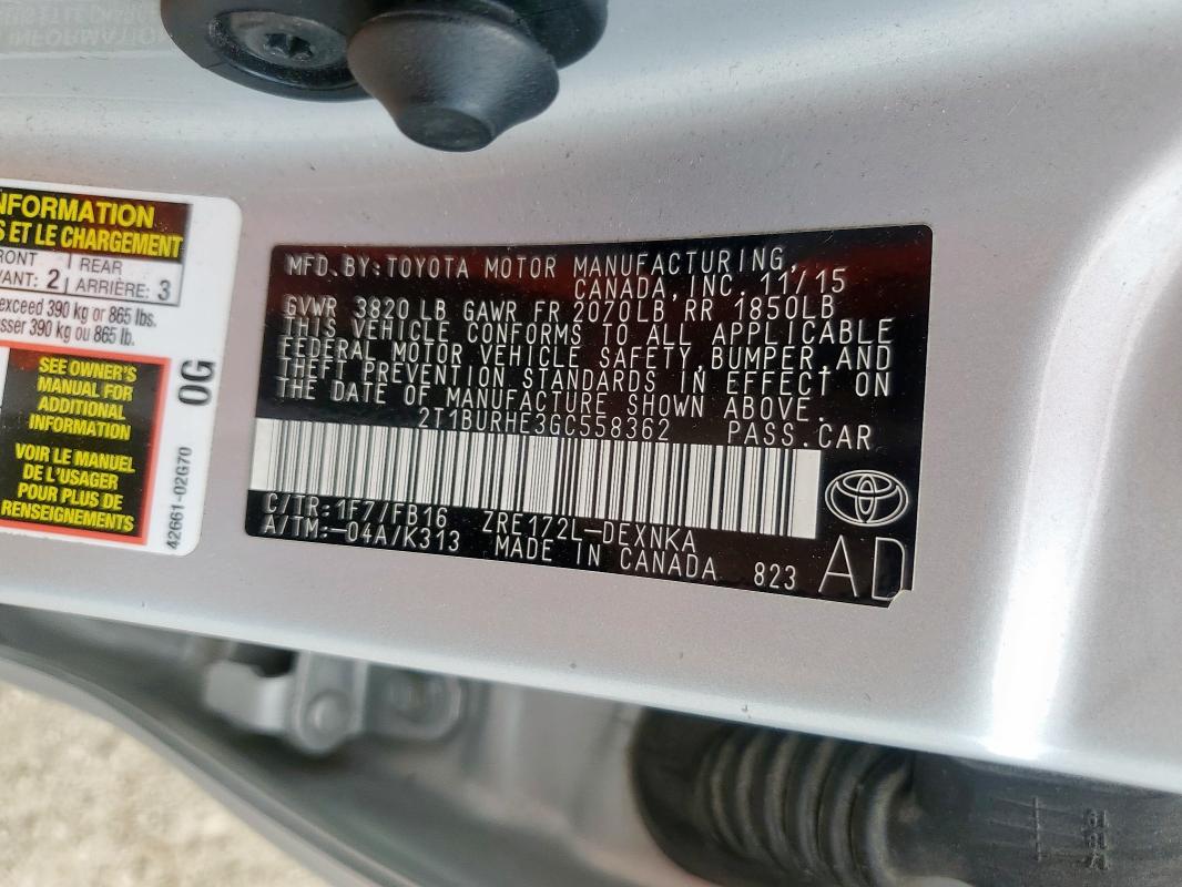 2T1BURHE3GC558362 - 2016 TOYOTA COROLLA L 银色 照片 13