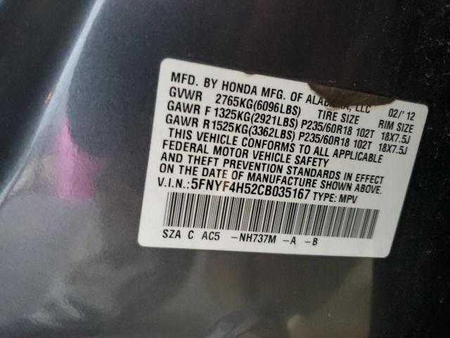 5FNYF4H52CB035167 - 2012 HONDA PILOT EXL GRAY photo 13